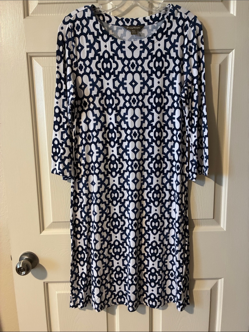 Tommy Bahama Navy and White Geometric Long Sleeve Dress